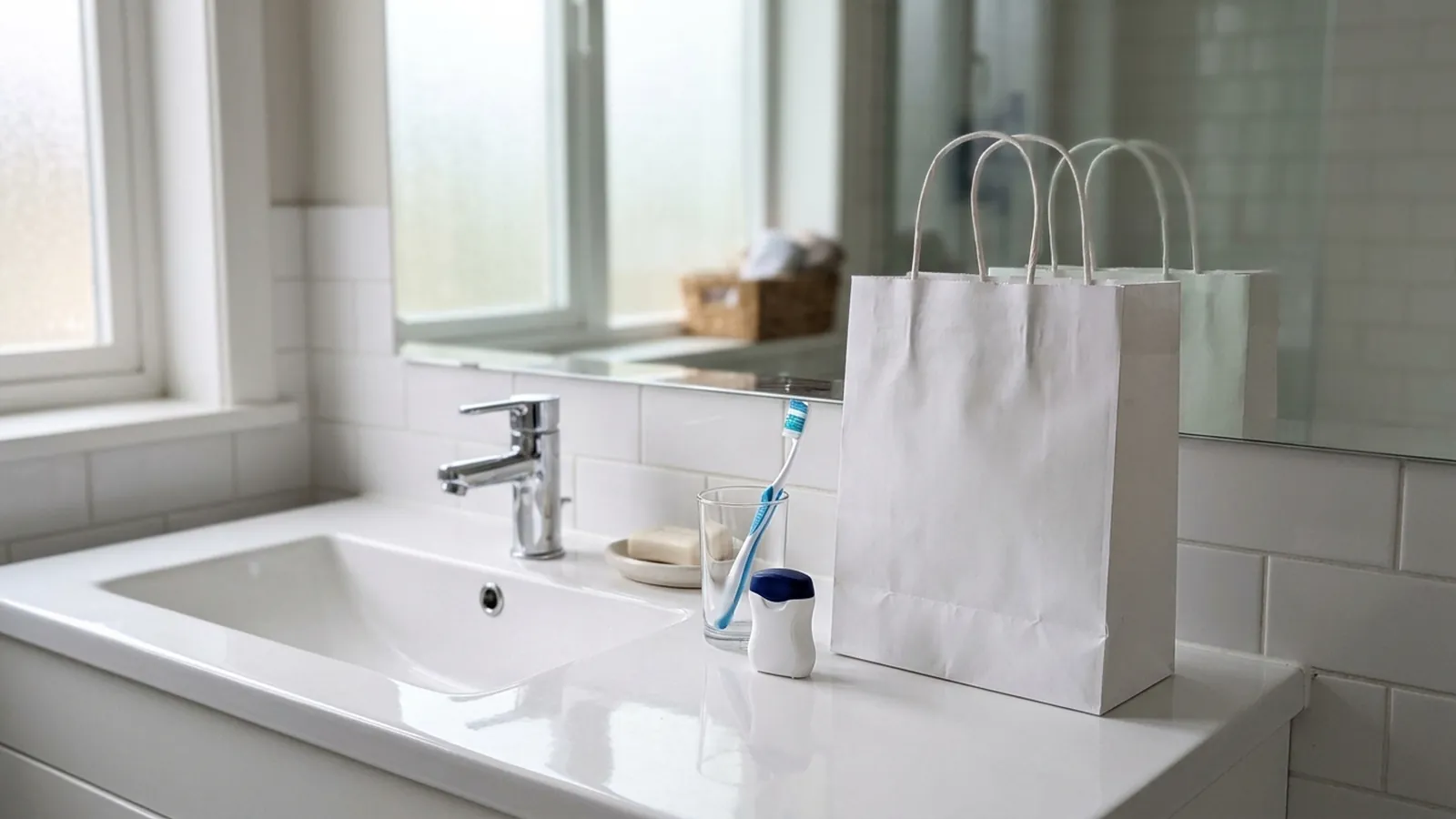 A plain paper shopping bag next to a toothbrush and floss on a bathroom counter