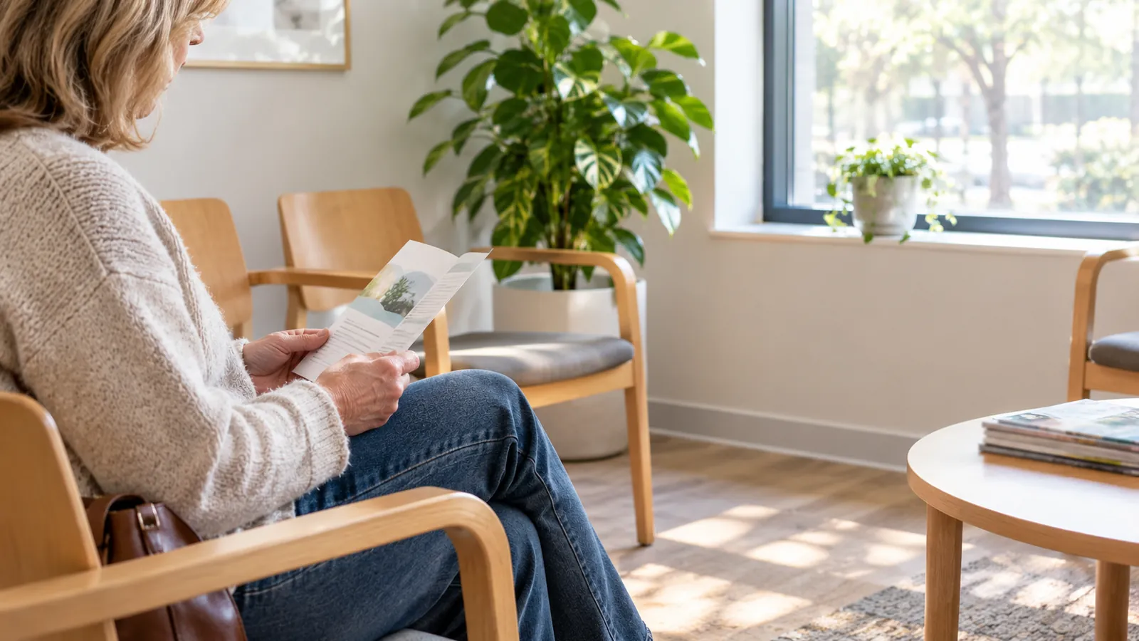 A woman reading a leaflet in a quiet dental clinic waiting room