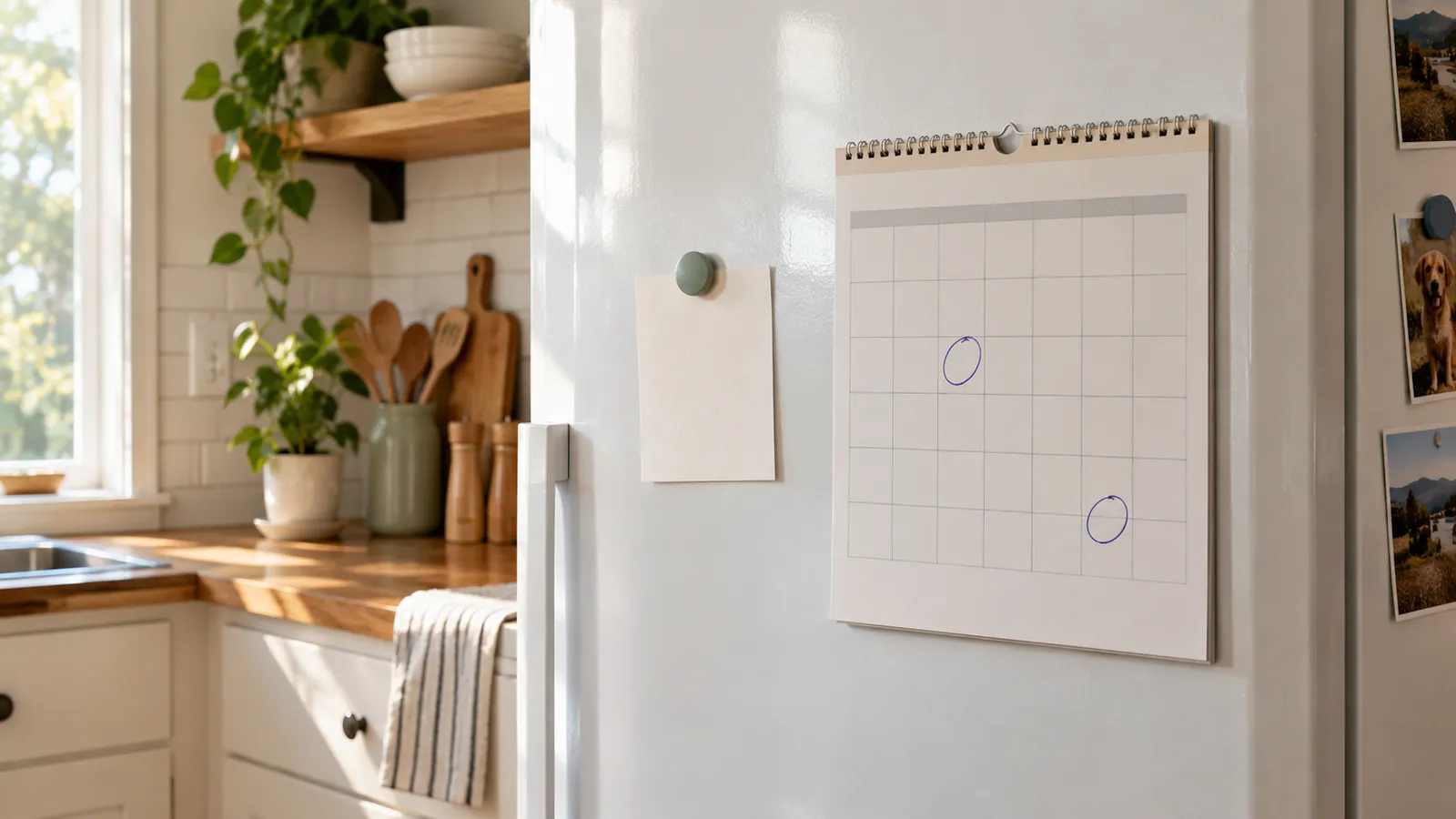 An appointment card and a calendar with two dates circled on a kitchen fridge