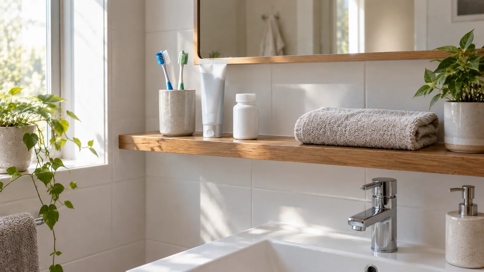 Two toothbrushes in one cup, toothpaste and a small bottle of tablets on a bathroom shelf